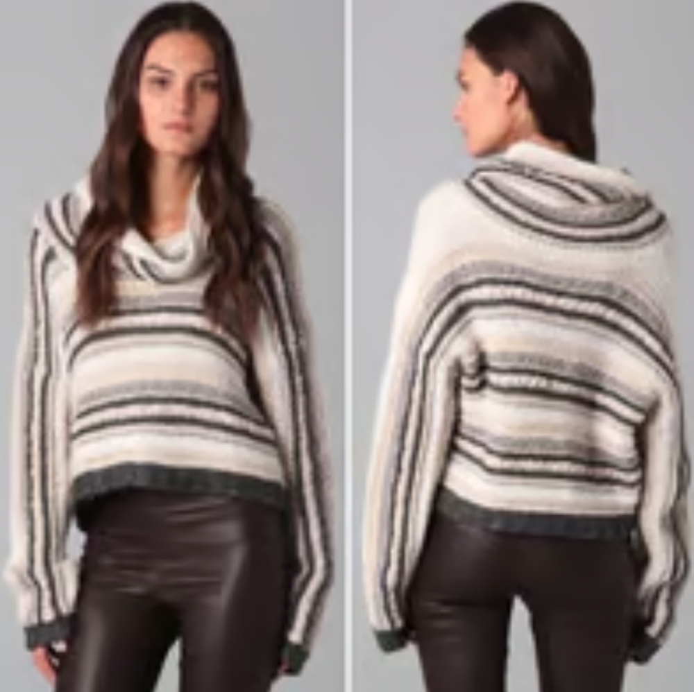 Torn By Ronny Kobe Striped Cowl Neck Chunky Sweater Wool Mohair Blend Neutral L